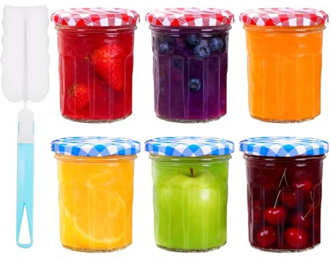 Henrrida 6 PCS Jam Jars with Lids, With Red and Blue Checked Covers 280 Ml/9 Oz Transparent Preserving Jars, With Sponge Brush, For Jam Honey Jam Jars with Lids