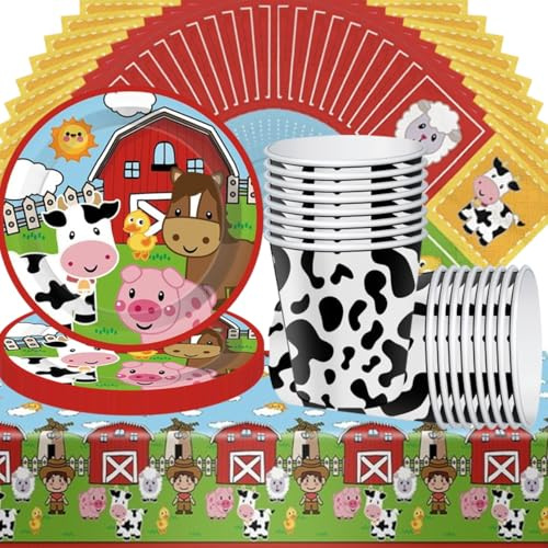 Juego de vajilla de fiesta de 49 piezas con temática de granja, decoración de cumpleaños de granja, incluyendo vasos de papel, platos de papel, servilletas y manteles de granja, para 16 invitados