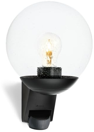 Steinel Außenwandleuchte L 595 S Schwarz mit Bewegungsmelder – Wandleuchte mit Glaskugel für Außen, 180° PIR-Sensor bis 10 m, Dämmerungsschalter, IP44 wetterfest, E27-Fassung, für Haus und Terrasse