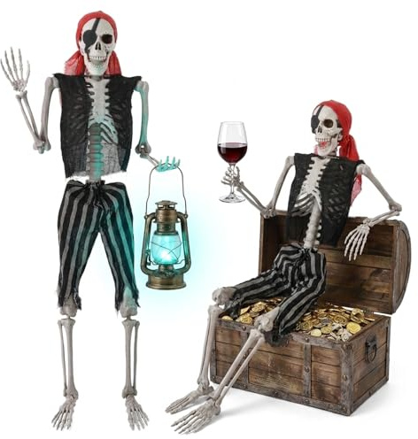 Squelette Halloween taille reelle 165 cm, squelette humain articule pirate realiste, squelette decoratif grandeur nature, decoration maison hantee, accessoire Halloween interieur (Squelette de pirate)