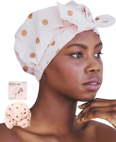 Kitsch Bonnet de douche de luxe imperméable pour femme – Bonnet de douche réutilisable, bonnet de douche, bonnet de douche imperméable pour cheveux longs, bonnet de douche mignon antidérapant – Blush
