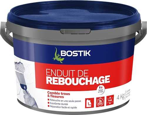 Bostik Enduit de Rebouchage en Pâte Prêt à l’Emploi – Rebouchage et Égalisation de Trous et Fissures Jusqu’à 1 cm – Blanc – Seau de 4 kg