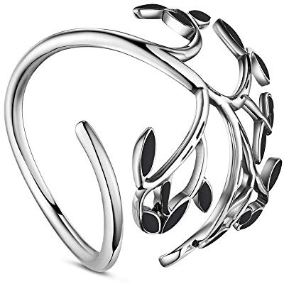 Beadthoven Bague ouverte réglable en argent sterling 925 avec feuilles en émail et arbre de vie Taille 56