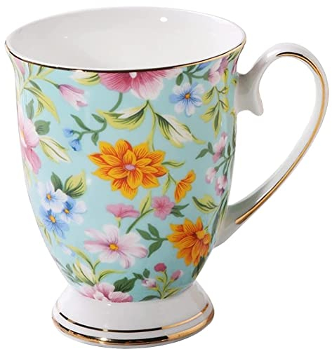 FülleMore Kaffeebecher Premium Porzellan Kaffeetasse Blumenmuster 300ml Trinkbecher mit Henkel Geschenk Keramiktasse für Tee Kaffee Milch Kakao Cappuccino Latte (Grün)