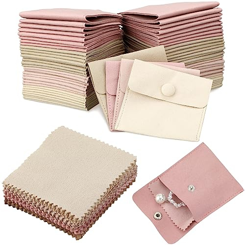 Cunno 120 Pack Microfiber Jewelry Pouch with Cleaning Cloth 3.2x3.2 Jewelry Packaging Bag with Snap Button Bags(Fresh Color)