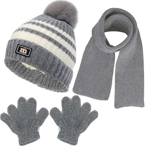 NLAND Conjunto Gorro Bufanda y Guantes para Niño Niña 1-5 Años | Set de 3 Piezas de Accesorios de Invierno Térmicos y Portátiles,Sombrero de Punto con Pompón,Suave,Cálido y Elástico