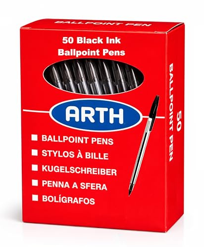 ARTH Pack of 50 Black Biro Pens Stick Ballpoint Multipack