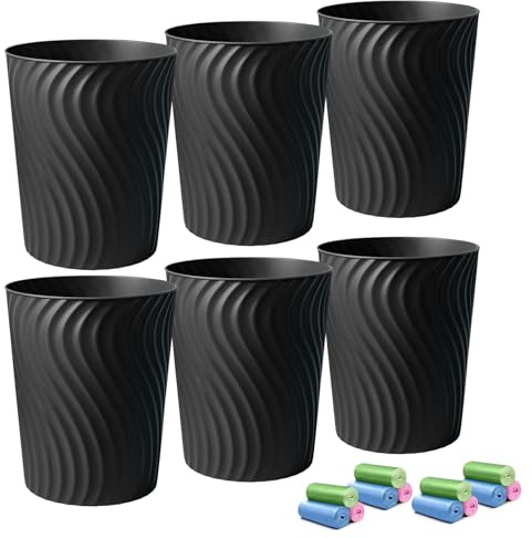 YGJT Small Trash Can, 6 Pack 1.8 Gallons Bathroom Trash Can, Slim Waste Basket, Round Garbage Can, Plastic Trash Bin for Kitchen, Dorm, Bedroom, Office, Living Room, Study, Compact Spaces(Black)