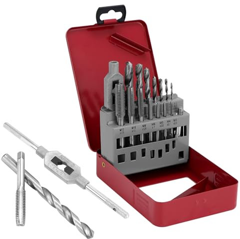 QWORK® 16 tlg Professionelles Gewindebohrer und Bohrerset, Gewindeschneidset, M3-M12 Gewindebohrer Satz, 7 Spiralbohrer HSS 2.5-10.2mm, Windeisen