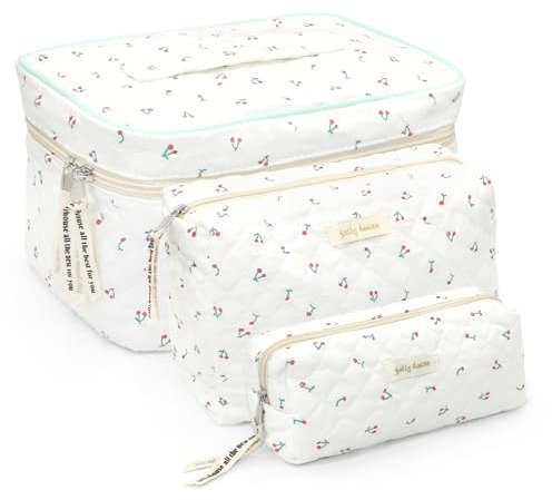 3PCS Makeup Bag, Aesthetic Toiletry Bag with Cosmetic Pencil Pouch, Quilted Cosmetic Pouch for Women Girls Ladies (Cherry)
