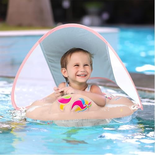DXIA Bouee Bebe, Siège de Natation Gonflable, Bouee Bebe avec pare Soleil, Flotteur de Natation Gonflable avec Siège sûr, Flotteur de Natation pour les Enfants de 12 à 36 Mois, Rose