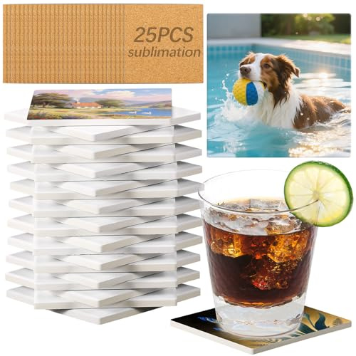 25 Pack Square Sublimation Blank Ceramic Coasters with Cork Backing, 4X4inch Matte Finish Blank Ceramic Tiles Crafts Coasters Pads for Sublimation Transfer Heat Press Printing DIY Crafts