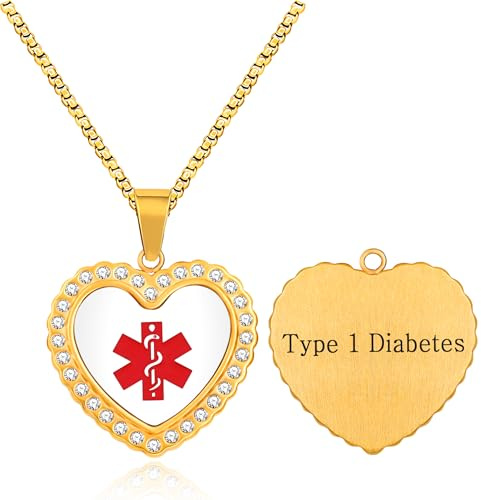 Uloveido Anpassningsbart Medicinskt Identifieringshalsband för Säkerhet - Guld Färgad Kärleksformad Hjärt Hänge med Röd Symbol, Graverad Typ 1 Diabetes Nöd ID, ICE Kontaktinfo YA5221