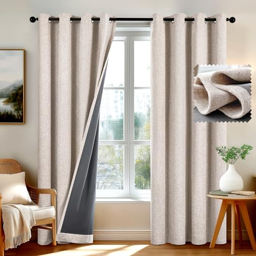 Deconovo Faux Linen Full Blackout Curtains Thermal Insulated Eyelet Curtains for Bedroom with TPU Coating Back, Linen, W46 x L72 Inch Two Panels