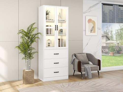MURUL Vetrina bianca alta 200 cm con 3 cassetti e 2 divisori, porte in vetro, illuminazione a LED