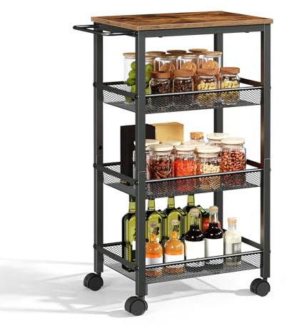 HOOBRO Carrello di Servizio a 4 Ripiani con Ruote e Piedini Regolabili, Carrello da Cucina a 4 Ripiani con Sponde, Portaoggetti per Cucina, Soggiorno, Sala da Pranzo, Nero e Marrone Vintage EBF72TC01