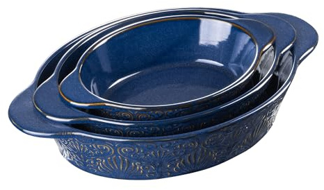 Dafuceramic Casserole Dishes for Oven Sets of 3, Ceramic Oval Baking Dish, Au Gratin Baking Pans with Handles for Roasting, Lasagna, Pie, Baking Meat & Vegetables (Blue)