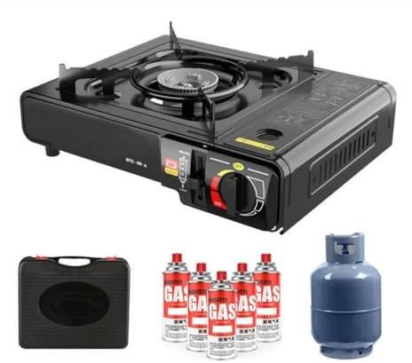 Portable Gas Stove with Carry Case +4 canisters Dual Fuel Compatible (Butane & LPG) | Camping Stove for Outdoor Cooking, BBQ, Caravan, Hiking, Emergency Use Auto Ignition, Adjustable Flame Control