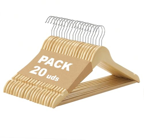 MERCURY TEXTIL - Perchas Ropa de Madera Natural, Gancho Giratorio 360°, Barra Antideslizante para Pantalones, Ideal para Trajes, Vestidos y Chaquetas, Perchas Madera (Madera, 20 Unidades)