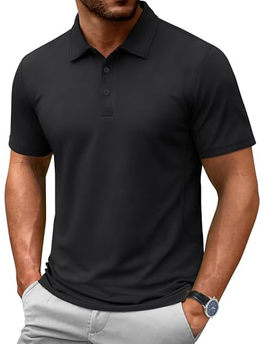 Cotrasen Polo Shirts for Men Cotton Pique Golf Shirt Short Sleeve 3 Buttons Classic Fit Basic Casual T-Shirts Black L