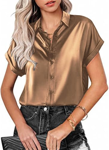 PANOZON Mujer Camisas de Seda Satinada con Botones Camisas de Manga Corta Sedosas para la Oficina Blusas y Tops,Albaricoque L
