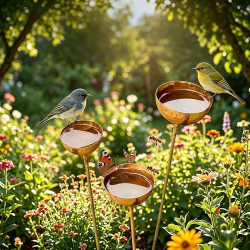 JACKANNA Herbstdeko Draußen,Vintage 3er Vogeltränke Balkon Insektentränke | Herbst Deko, Rostige Gartenstecker für Draußen Wetterfest Edelrost Edelrostoptik Rostiger Beetstecker Topfstecker