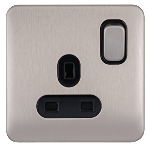 Schneider Electric Lisse Screwless Deco - Switched Single Power Socket, 13 A, GGBL3010BSS, Stainless Steel with Black Insert