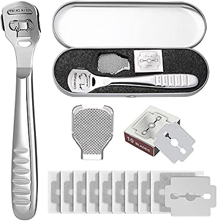 Rascador de pies N/D, afeitadora de callos, lima de pies de acero inoxidable, cuchilla removedora de piel dura, kit profesional de pedicura para pies, herramientas de cuidado de pies con 10 cuchillas