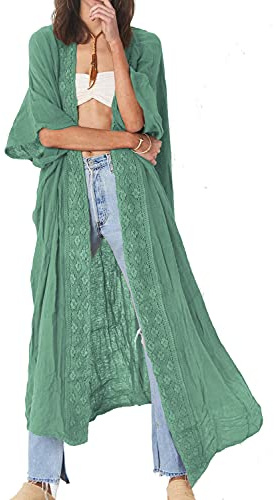 YouKD Vestido kimono largo bohemio para mujer, talla grande, cárdigan, bata de playa para cubrir traje de baño, D Verde, talla única