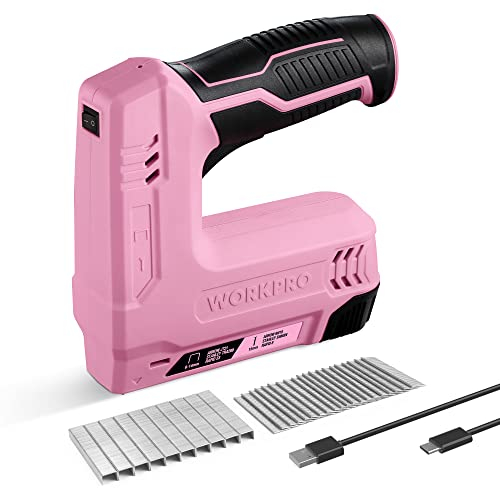 WORKPRO - Grapadora inalámbrica (3,6 V, 2000 mAh, 2000 grapas, grapadora multifunción 2 en 1, compatible con clavos y grapas tipo 53, 8 para proyectos de bricolaje en muebles, carpintería (rosa)