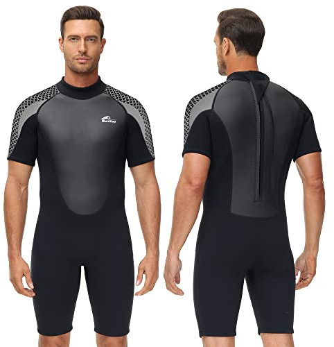 Owntop Neoprenanzug Herren, 3mm Neopren Neoprenanzug kurz für Tauchen, Surfen, Schwimmen, Kajakfahren (Herren Grau, S)