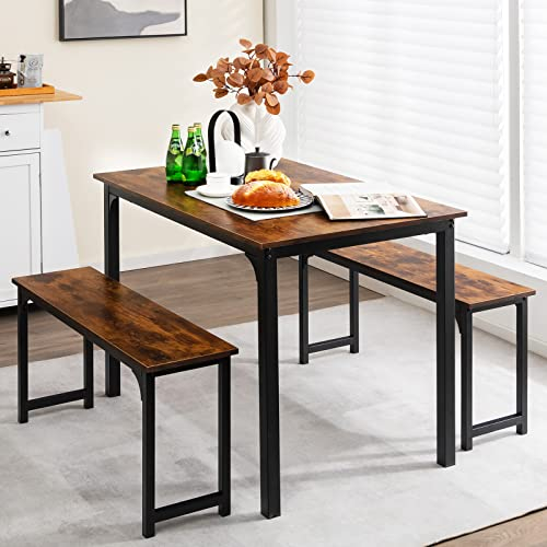 COSTWAY Esstisch mit 2 Bänken, Essgruppe 3er-Set, 110 x 70cm Küchentisch für 4 Personen, Esszimmertisch mit rostfreiem Metallrahmen, Sitzgruppe für Küche, Wohnzimmer, Esszimmer (Vintagebraun)