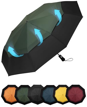 Chakipee Ombrello Pieghevole Pioggia da Viaggio Antivento - Ombrelli Portatile Verde per Uomo Automatico Apri Chiudi, Doppio Baldacchino Ventilato, Rivestimento in Tessuto 210T Apertura 102 cm 9 ossa