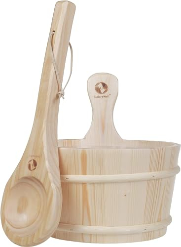 MaReBa24® Kit d'accessoires de sauna classique 3 pièces en bois naturel avec seau et insert en plastique 4 l, louche pour sauna