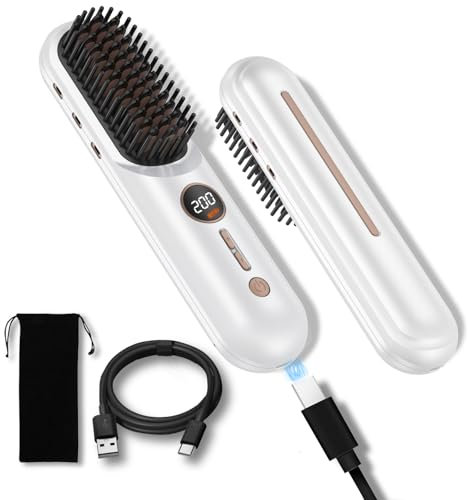 UKLISS Brosse Lissante Sans Fil, Brosse Lissante Pour Cheveux, 9000 mAh Brosse Chauffante Lissante,Chauffante Ions Négatifs sans Fil, Anti-BrûLure Lisseur Cheveux Portable, USB Rechargeable,140~200℃