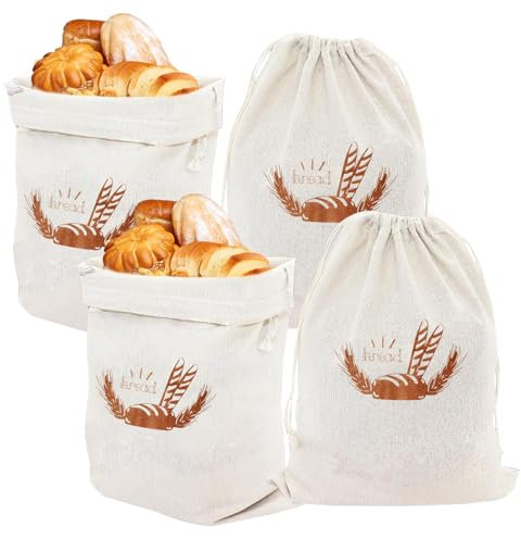 Dewocke Leinen-Brotbeutel, 4 Stück, Wiederverwendbar, Beige, Kordelzug, Brot Aufbewahrung, Frischhalten, Brotsack, Brot, Baguette, Obst, Gemüse