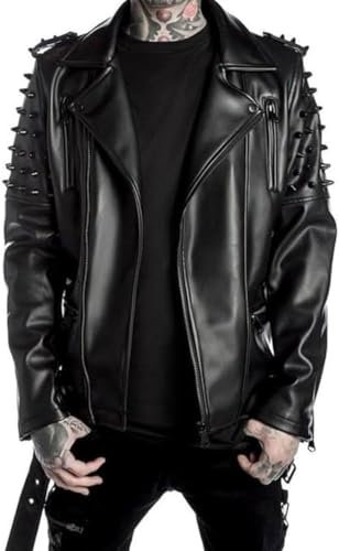 HiFacon Herren Brando Rock Punk Nieten Spike Schwarz Motorrad Rindsleder Jacke Herren, Schwarze Jacke mit Nieten – Leder, XL