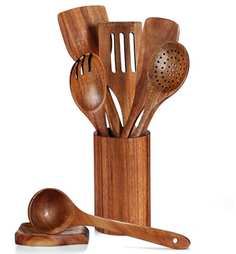 BEWOS Utensilios de Cocina Madera Natural 8 Piezas - Cucharones de Cocina Antiadherentes & Espatula Cocina Antirayaduras, Con Accesorios Cocina: Soporte Secado & Menaje de Cocina, Resistentes al Calor