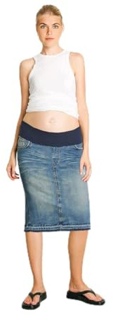 Women's Denim Maternity Midi Skirt with Lycra Rib Elastic Waistband, Knee Length, Vintage Wash (US, Alpha, Large, Regular, Regular, Vintage Wash)