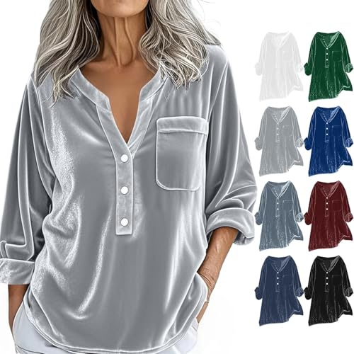 Sweatshirt Femme Long Col V Sweat Femme Sans Capuche Velours Doré Haut Manche Longue Chemise Avec Bouton Et Poche Hauts Tous Les Jours Top Décontractés Tops Décontractés Tunique Chaud Sweats