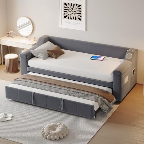 Biqzuya - Sofá cama convertible de 90 x 190 cm con altavoz Bluetooth, reposabrazos XXL y almacenamiento integrado | terciopelo | carga USB + latón + soporte para objetos (sin colchón)