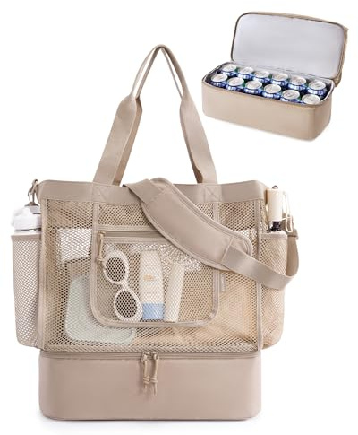 bagsmart Beach Bag for Women, Mesh Tote Bags with Zipper, Sandproof Vacation Essentials with Cooler for Swim Cruise Pool