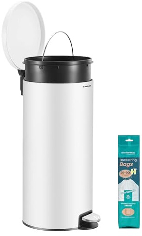 SONGMICS Cubo de Basura Redondo, Basurero con 15 Bolsas, Pedal de Metal, Cubeta Interior Extraíble de Plástico, Asa, Cierre Amortiguado, Acero, 30 L, Blanco Nube LTB031WZ02