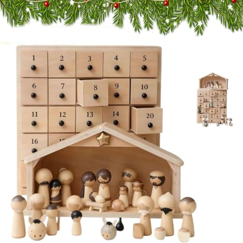 Il Soccorritore - Calendario dell'Avvento della Natività, Calendario dell'Avvento in legno con 25 cassetti, Figure in resina dipinte a mano, Conto alla rovescia per Natale con stalla (1pcs)