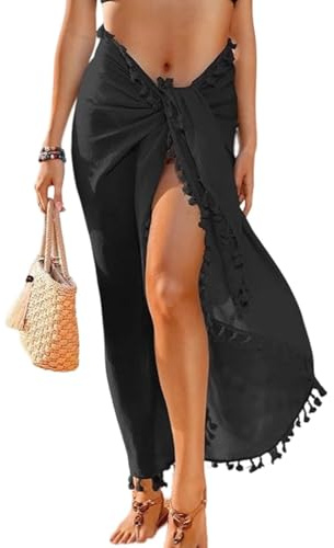 ZXTGBQ Grand Pareo Femme Plage Sarong Sexy Couvre avec des Franges Robe Jupe Maillots Et Sarongs de Bain 180X110Cm Cotcoton, Noir