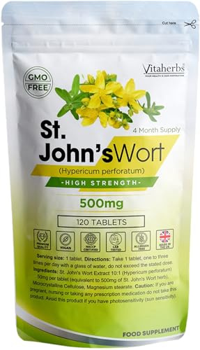 St John's Wort 500mg - 120 Tablets | 4 Month Supply | High Strength | Vegan | Lab Tested | Allergen Free | Made in The UK - Vitaherbs