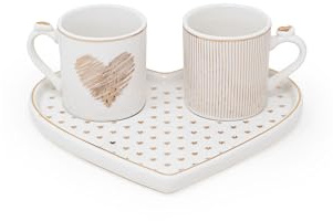 NAMAI - Set di 2 Tazzine Caffè con Vassoio a Forma di Cuore, 17,5x15,5x6h CM, New Bone China, Adatte in Lavastoviglie e Microonde, Regalo Coppia (Cuori)