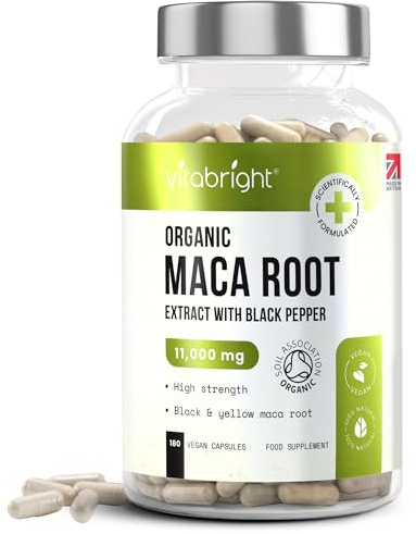 Black Maca Root Capsules & Yellow | Super Strength 11,000mg | 180 Count - 3 Month Supply | Organic Maca Powder in Veggie Capsules for Women & Men | VitaBright