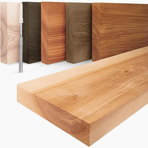 LAMO Manufaktur Schweberegal Holz mit unsichtbarer Befestigung | Wand Regal 80 cm breit für Wohnzimmer, Küche, Arbeitszimmer | Farbe: Natur, Kante: gerade | Massivholz, modernes Design