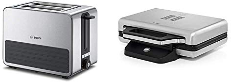 Bosch TAT7S25 Kompakt-Toaster, Auftau/Aufknusperfunktion, 1050 W, Edelstahl/schwarz & WMF Lono Sandwich Maker, für 2 Standard- oder XXL-Toasts, 2-stufige Höhenanpassung, edelstahl matt